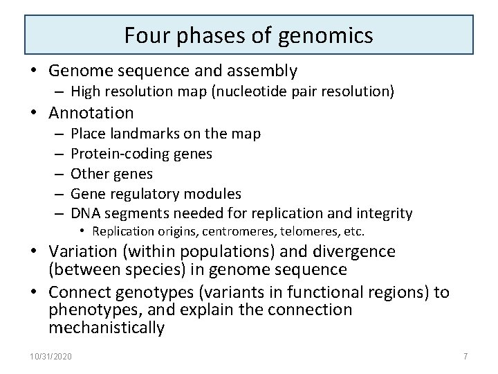 Four phases of genomics • Genome sequence and assembly – High resolution map (nucleotide