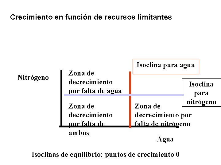 Crecimiento en función de recursos limitantes Isoclina para agua Nitrógeno Zona de decrecimiento por