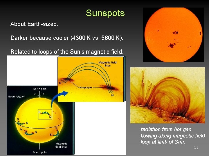 Sunspots About Earth-sized. Darker because cooler (4300 K vs. 5800 K). Related to loops