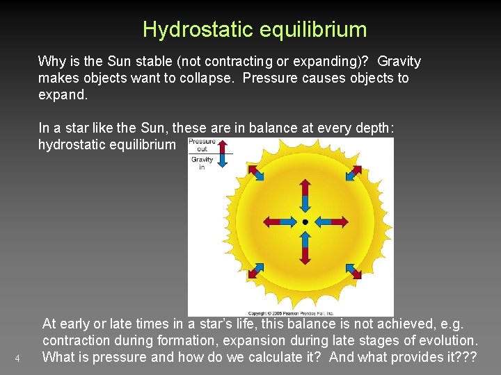 Hydrostatic equilibrium Why is the Sun stable (not contracting or expanding)? Gravity makes objects