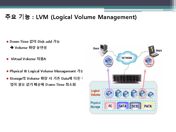 주요 기능 : LVM (Logical Volume Management) l Down Time 없이 Disk add 기능