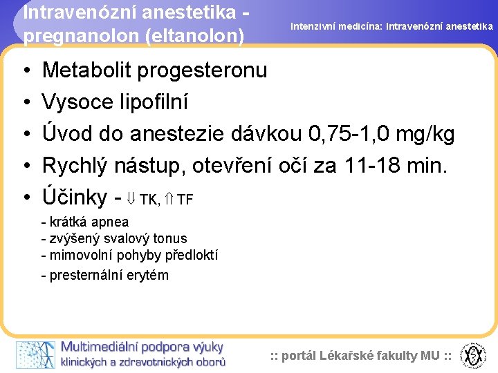 Intravenózní anestetika pregnanolon (eltanolon) • • • Intenzivní medicína: Intravenózní anestetika Metabolit progesteronu Vysoce
