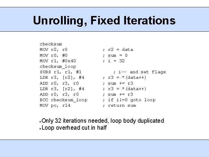 Unrolling, Fixed Iterations checksum MOV r 2, r 0 MOV r 0, #0 MOV