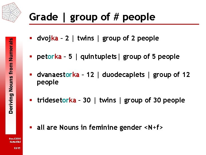 Deriving Nouns from Numerals Grade | group of # people § dvojka – 2