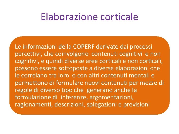 Elaborazione corticale Le informazioni della COPERF derivate dai processi percettivi, che coinvolgono contenuti cognitivi