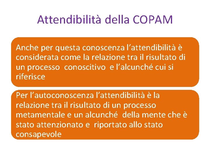 Attendibilità della COPAM Anche per questa conoscenza l’attendibilità è considerata come la relazione tra