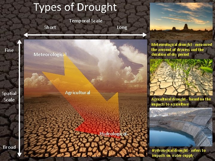 Types of Drought Temporal Scale Short Fine Spatial Scale Long Meteorological drought - measured