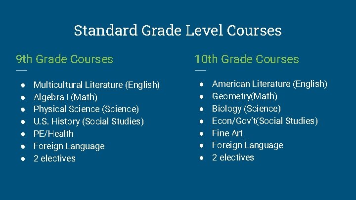 Standard Grade Level Courses 9 th Grade Courses ● ● ● ● Multicultural Literature