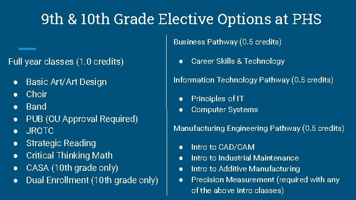 9 th & 10 th Grade Elective Options at PHS Business Pathway (0. 5