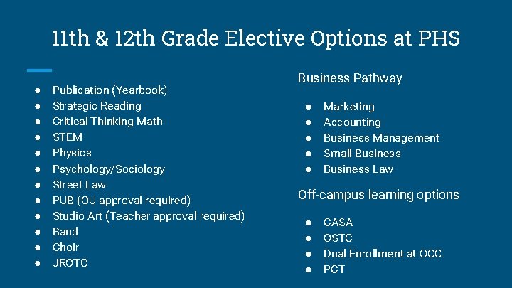 11 th & 12 th Grade Elective Options at PHS ● ● ● Publication