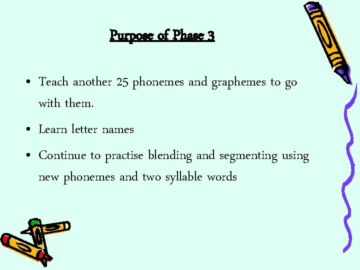 Purpose of Phase 3 • Teach another 25 phonemes and graphemes to go with