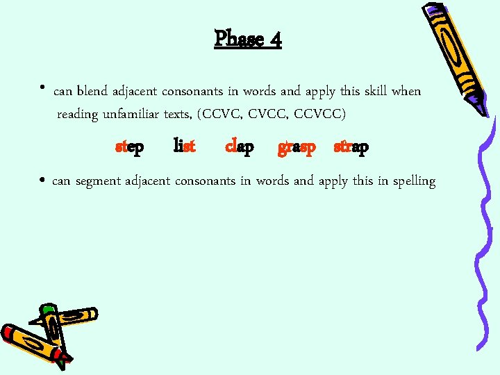 Phase 4 • can blend adjacent consonants in words and apply this skill when