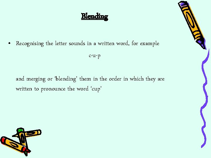 Blending • Recognising the letter sounds in a written word, for example c-u-p and