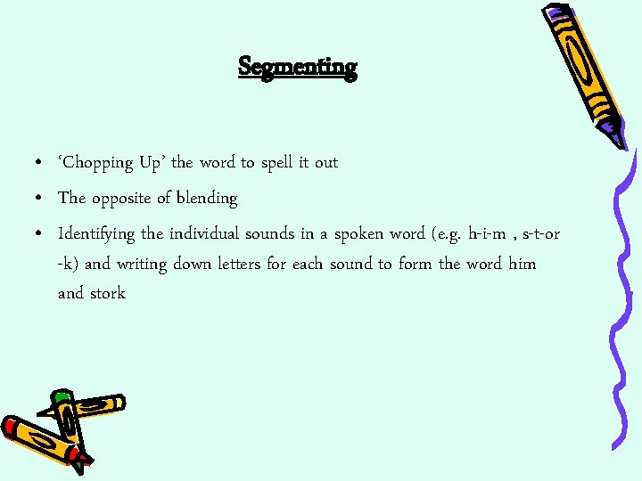 Segmenting • ‘Chopping Up’ the word to spell it out • The opposite of