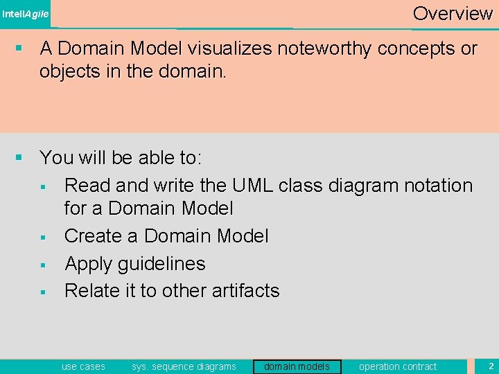 Overview Intell. Agile § A Domain Model visualizes noteworthy concepts or objects in the Overview Intell. Agile § A Domain Model visualizes noteworthy concepts or objects in the