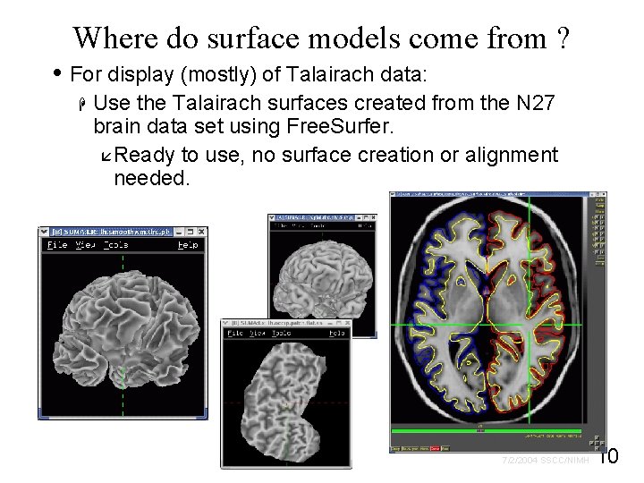 Where do surface models come from ? • For display (mostly) of Talairach data: