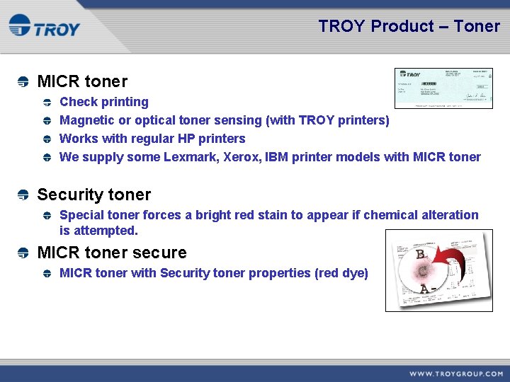 TROY Product – Toner MICR toner Check printing Magnetic or optical toner sensing (with