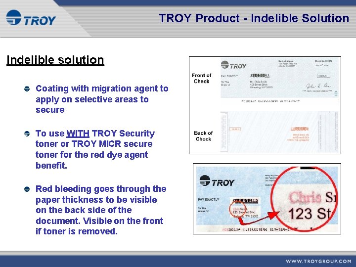 TROY Product - Indelible Solution Indelible solution Coating with migration agent to apply on