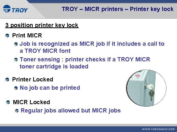 TROY – MICR printers – Printer key lock 3 position printer key lock Print