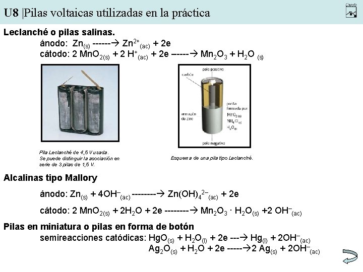 U 8 |Pilas voltaicas utilizadas en la práctica Leclanché o pilas salinas. ánodo: Zn(s)
