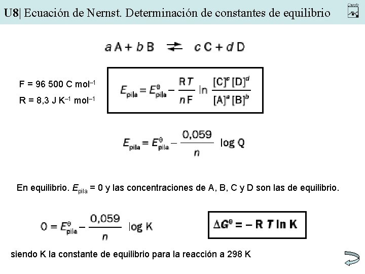 U 8| Ecuación de Nernst. Determinación de constantes de equilibrio F = 96 500