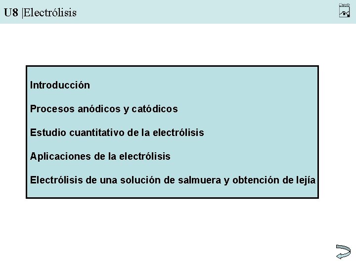 U 8 |Electrólisis Introducción Procesos anódicos y catódicos Estudio cuantitativo de la electrólisis Aplicaciones