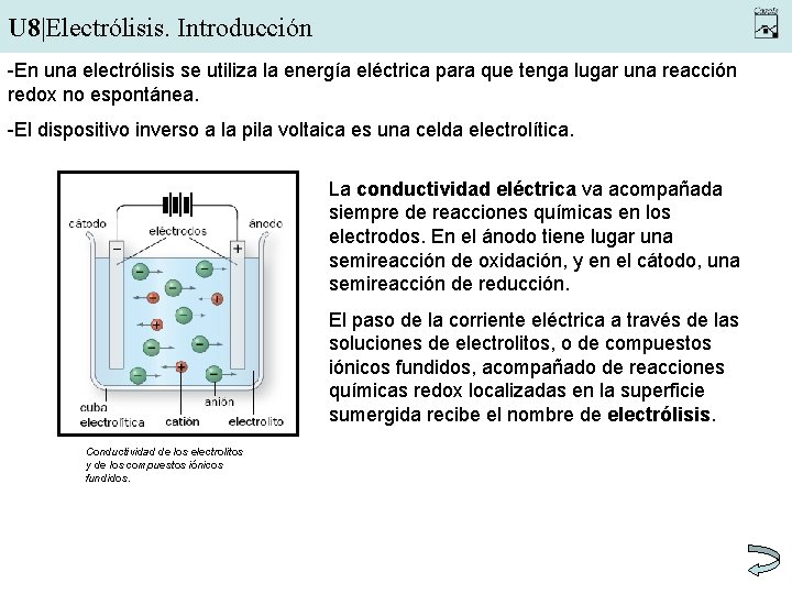 U 8|Electrólisis. Introducción -En una electrólisis se utiliza la energía eléctrica para que tenga