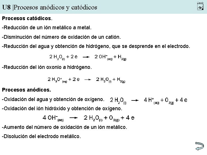 U 8 |Procesos anódicos y catódicos Procesos catódicos. -Reducción de un ión metálico a