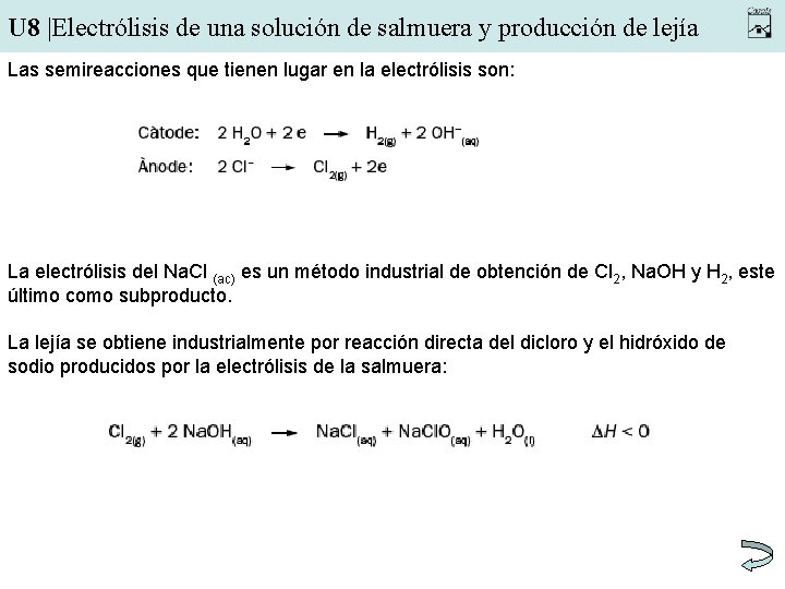 U 8 |Electrólisis de una solución de salmuera y producción de lejía Las semireacciones
