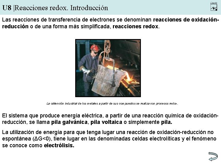 U 8 |Reacciones redox. Introducción Las reacciones de transferencia de electrones se denominan reacciones