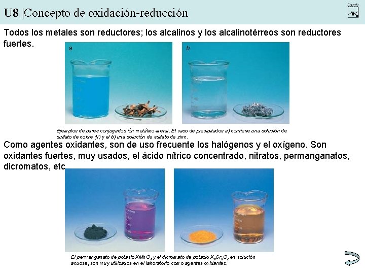 U 8 |Concepto de oxidación-reducción Todos los metales son reductores; los alcalinos y los