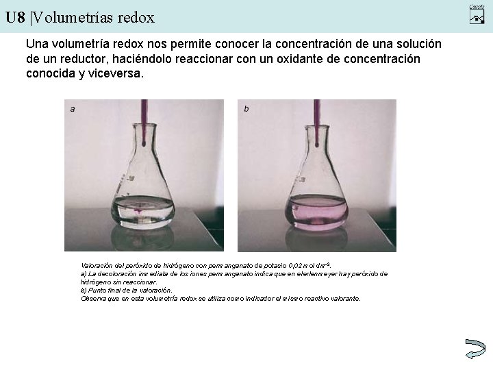 U 8 |Volumetrías redox Una volumetría redox nos permite conocer la concentración de una