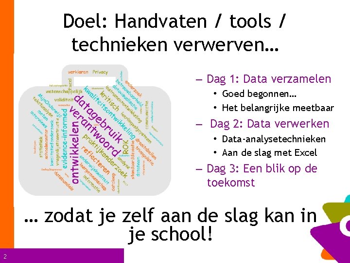 Doel: Handvaten / tools / technieken verwerven… – Dag 1: Data verzamelen • Goed