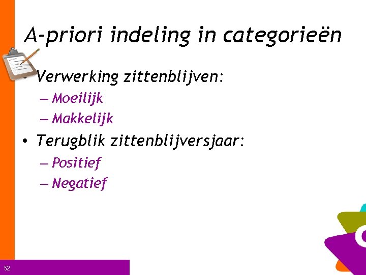 A-priori indeling in categorieën • Verwerking zittenblijven: – Moeilijk – Makkelijk • Terugblik zittenblijversjaar: