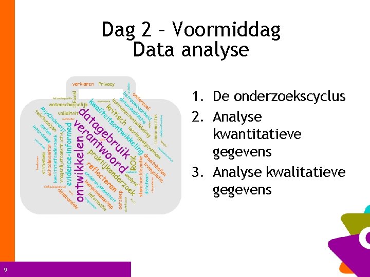 Dag 2 – Voormiddag Data analyse 1. De onderzoekscyclus 2. Analyse kwantitatieve gegevens 3.