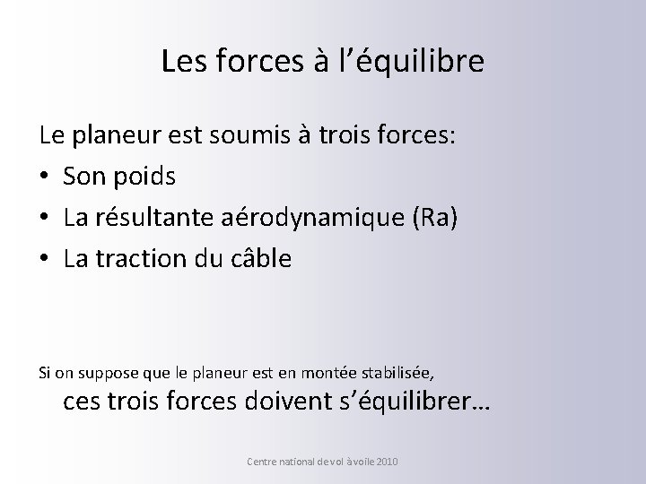 Les forces à l’équilibre Le planeur est soumis à trois forces: • Son poids