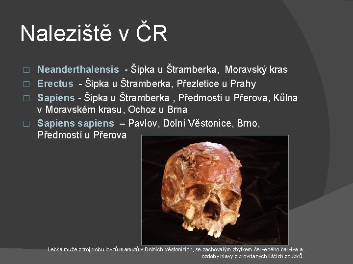 Naleziště v ČR Neanderthalensis - Šipka u Štramberka, Moravský kras � Erectus - Šipka