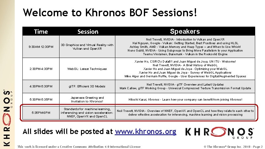 Welcome to Khronos BOF Sessions! Time Session Speakers 3 D Graphics and Virtual Reality