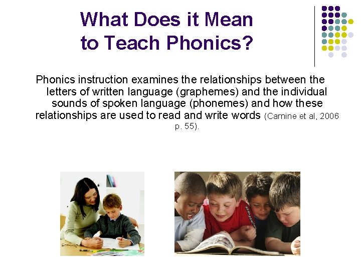 What Does it Mean to Teach Phonics? Phonics instruction examines the relationships between the