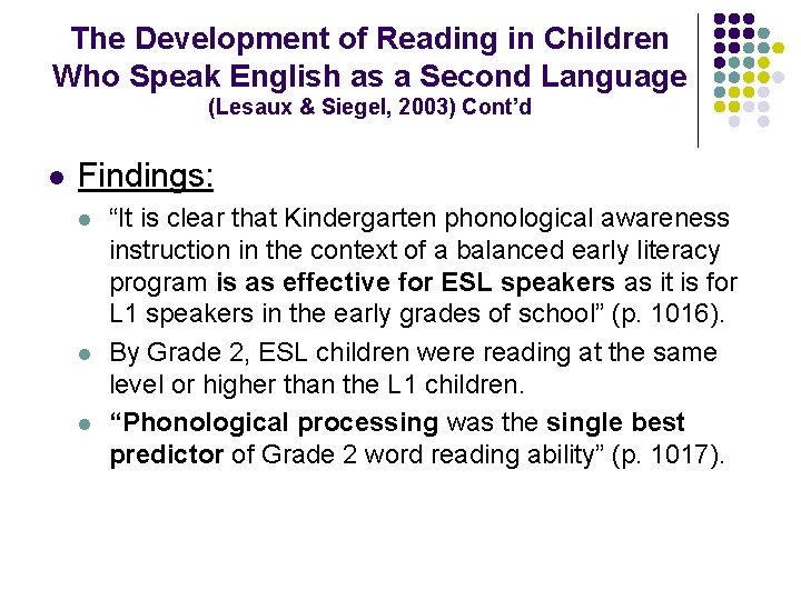 The Development of Reading in Children Who Speak English as a Second Language (Lesaux