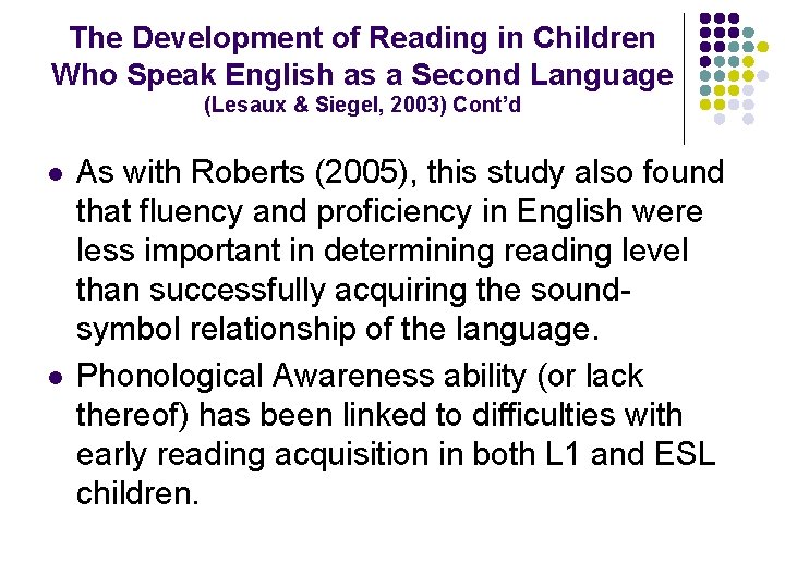 The Development of Reading in Children Who Speak English as a Second Language (Lesaux