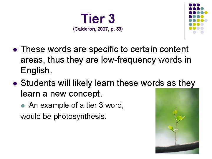 Tier 3 (Calderon, 2007, p. 33) l l These words are specific to certain