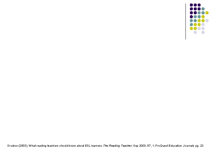 Drucker (2003). What reading teachers should know about ESL learners. The Reading Teacher; Sep