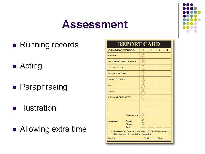 Assessment l Running records l Acting l Paraphrasing l Illustration l Allowing extra time