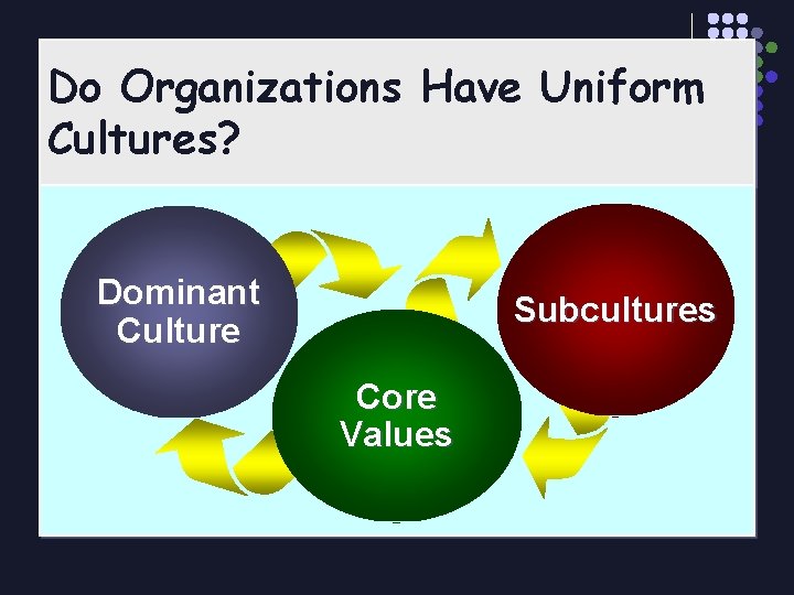 Do Organizations Have Uniform Cultures? Dominant Culture Subcultures Core Values 