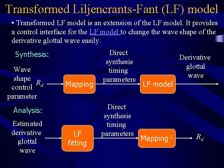 Transformed Liljencrants-Fant (LF) model • Transformed LF model is an extension of the LF