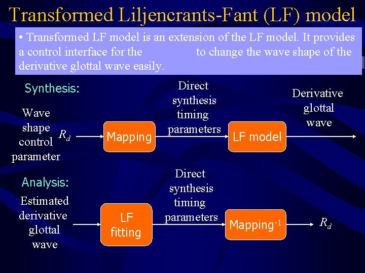 Transformed Liljencrants-Fant (LF) model • Transformed LF model is an extension of the LF