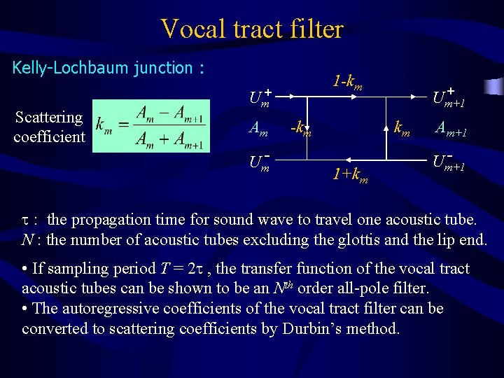 Vocal tract filter Kelly-Lochbaum junction : Scattering coefficient 1 -km Um+ Am Um- -km