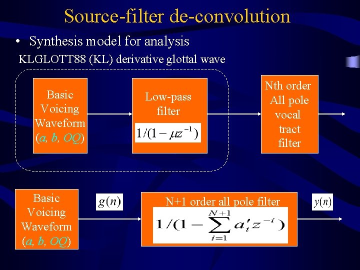 Source-filter de-convolution • Synthesis model for analysis KLGLOTT 88 (KL) derivative glottal wave Basic