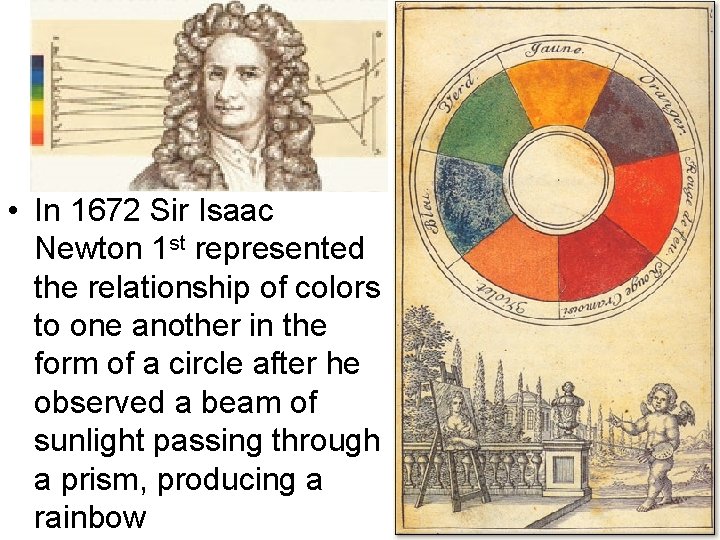  • In 1672 Sir Isaac Newton 1 st represented the relationship of colors